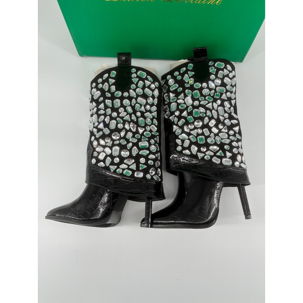Lauren Lorraine Hana Black Jeweled‎ Rhinestone Embellished Cowboy Boots Size 6.5